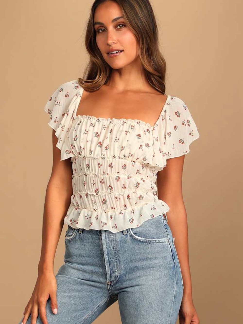 Intimately Free People Juliet Cream Floral Print Ruffled Sheer Thong Bodysuit